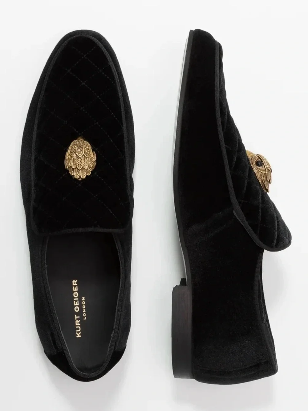 Kurt Geiger Black Velvet Slip-On Loafers with Gold Bird Emblem
